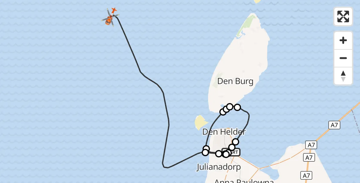 Vluchtroute Kustwachthelikopter Militair vliegveld De Kooy / Den Helder Airport - Noordzee, 25 september 2026, 17:12