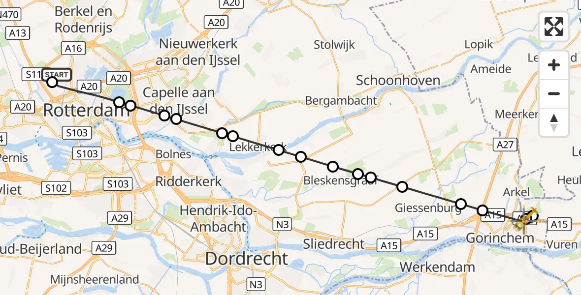 Vluchtroute Traumahelikopter Rotterdam The Hague Airport - Gorinchem, 25 september 2026, 20:03