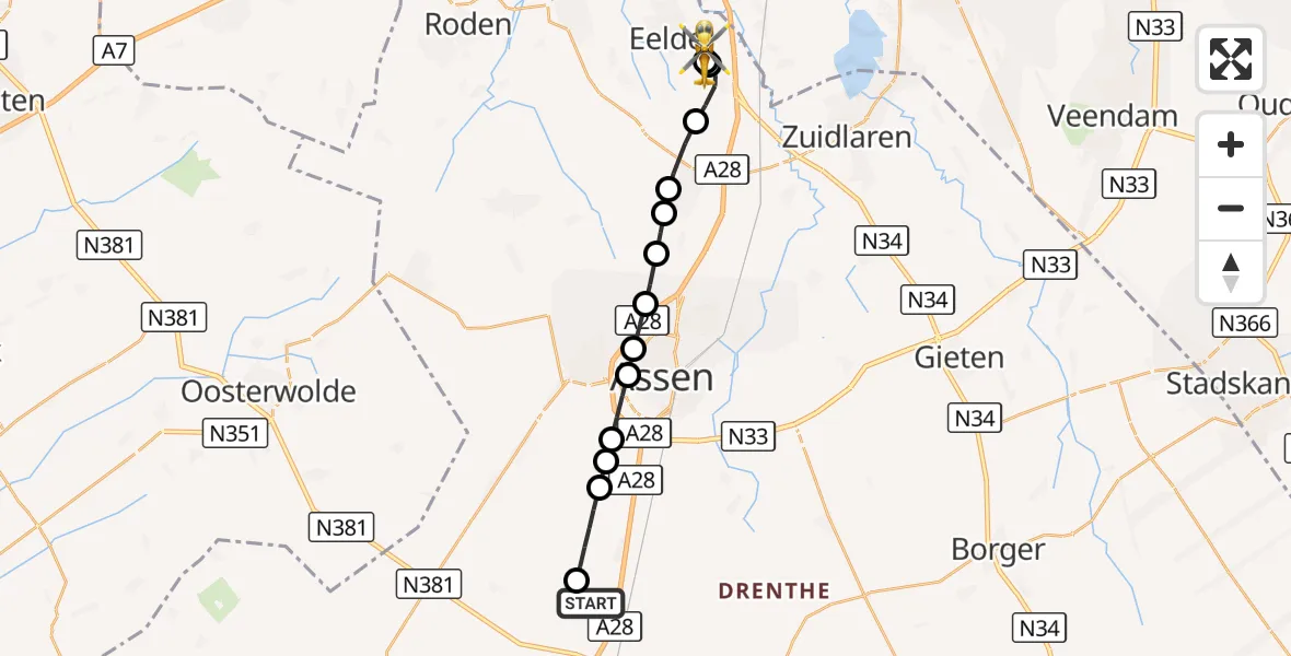 Vluchtroute Traumahelikopter Hijken - Groningen Airport Eelde, 25 september 2026, 20:27