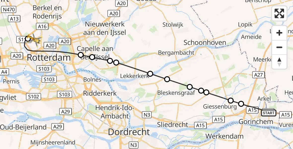 Vluchtroute Traumahelikopter Gorinchem - Rotterdam The Hague Airport, 25 september 2026, 20:33
