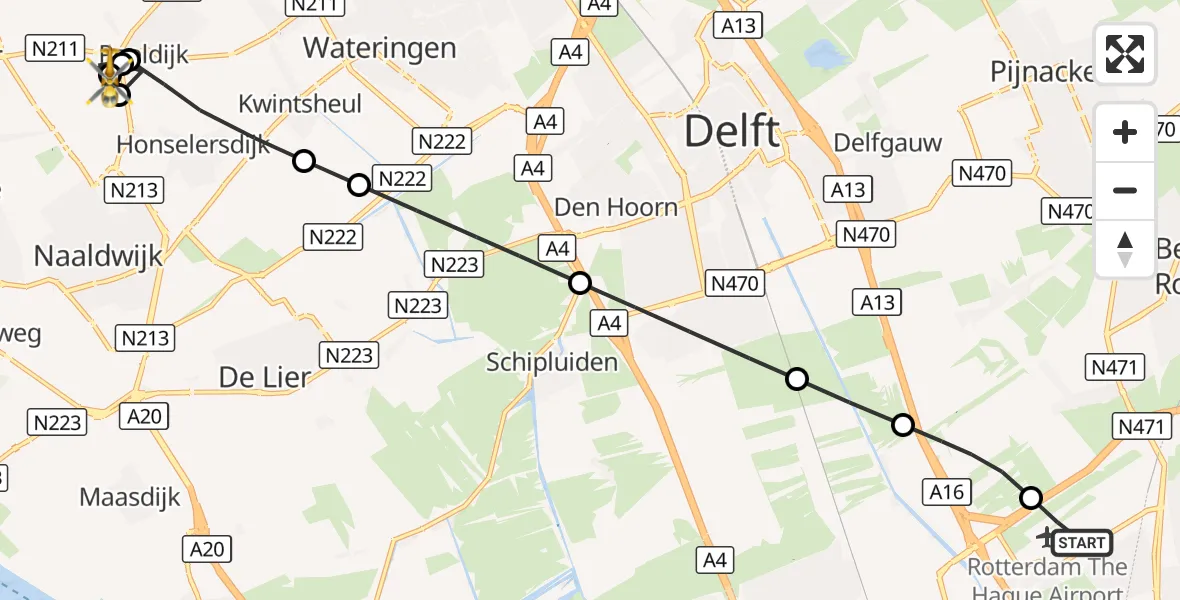 Vluchtroute Traumahelikopter Rotterdam The Hague Airport - Honselersdijk, 25 september 2026, 21:00