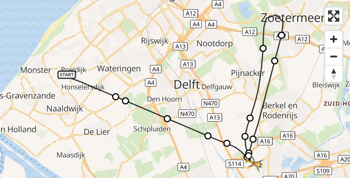 Vluchtroute Traumahelikopter Honselersdijk - Rotterdam The Hague Airport, 25 september 2026, 21:41