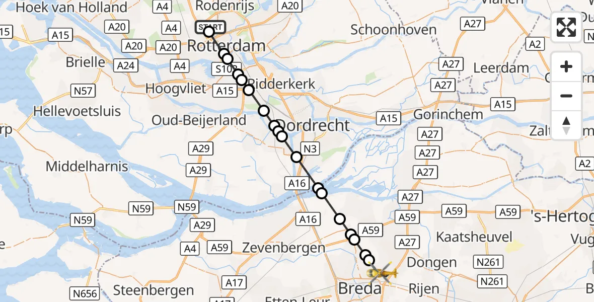 Vluchtroute Traumahelikopter Rotterdam The Hague Airport - Teteringen, 25 september 2026, 22:34