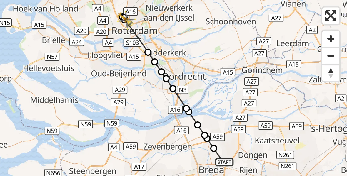 Vluchtroute Traumahelikopter Teteringen - Rotterdam The Hague Airport, 25 september 2026, 23:18