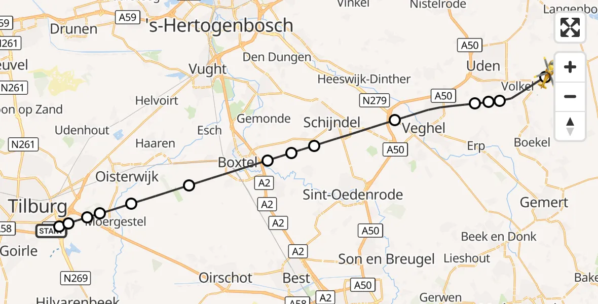 Vluchtroute Traumahelikopter St. Elisabeth Hospital Heliport - Vliegbasis Volkel, 26 september 2026, 10:50