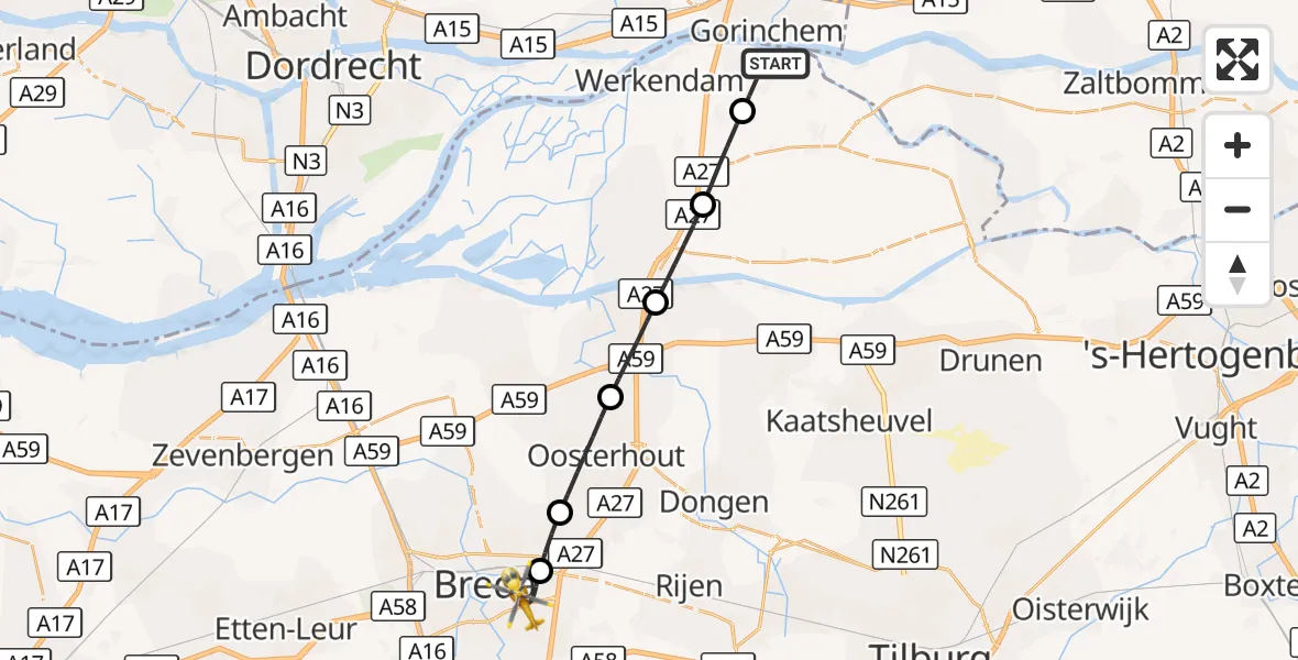 Vluchtroute Traumahelikopter Woudrichem - Breda, 26 september 2026, 10:51