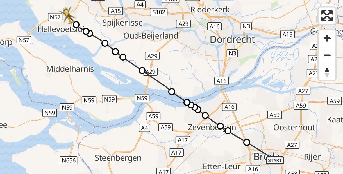 Vluchtroute Traumahelikopter Breda - Hellevoetsluis, 26 september 2026, 11:17