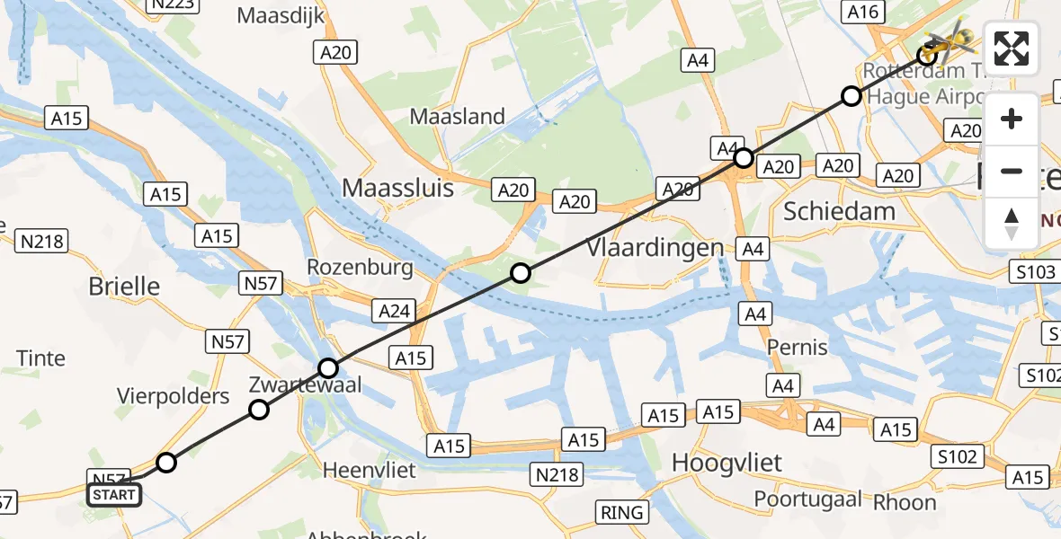 Vluchtroute Traumahelikopter Hellevoetsluis - Rotterdam The Hague Airport, 26 september 2026, 11:51