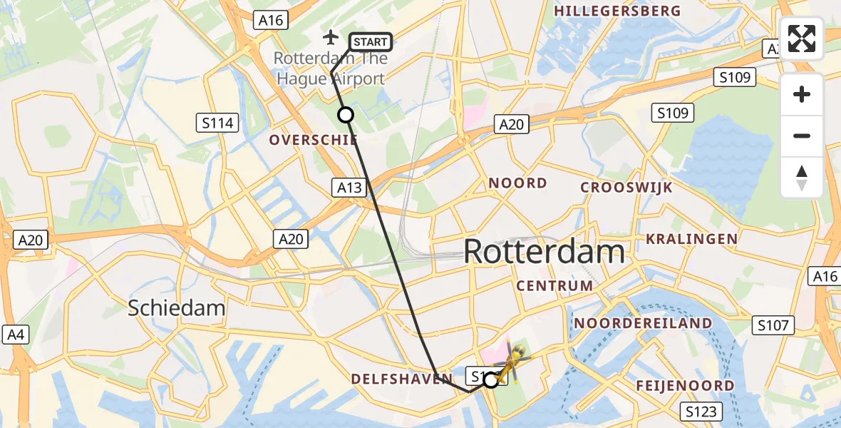 Vluchtroute Traumahelikopter Rotterdam The Hague Airport - Erasmus MC, 26 september 2026, 12:11