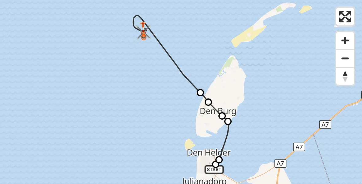 Vluchtroute Kustwachthelikopter Militair vliegveld De Kooy / Den Helder Airport - Noordzee, 26 september 2026, 13:42