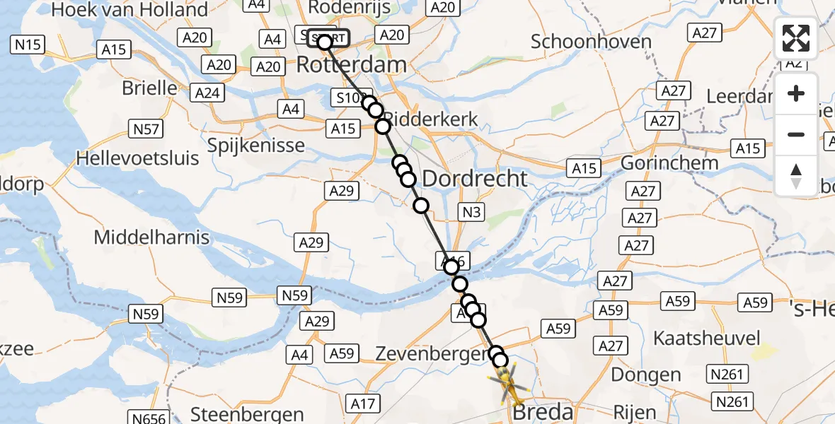 Vluchtroute Traumahelikopter Rotterdam The Hague Airport - Breda, 26 september 2026, 14:43