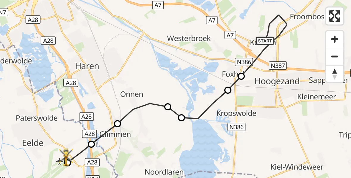 Vluchtroute Traumahelikopter Kolham - Groningen Airport Eelde, 26 september 2026, 14:58