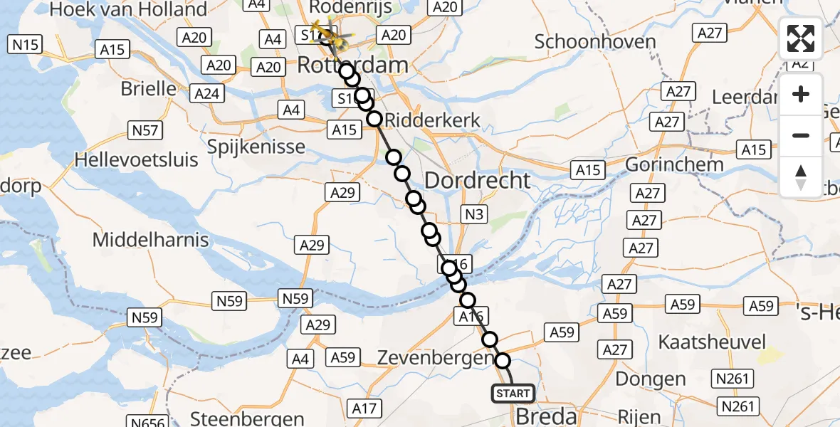 Vluchtroute Traumahelikopter Breda - Rotterdam The Hague Airport, 26 september 2026, 15:19