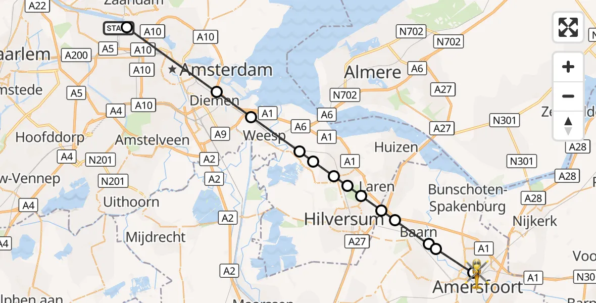 Vluchtroute Traumahelikopter Amsterdam Heliport - Amersfoort, 26 september 2026, 22:30