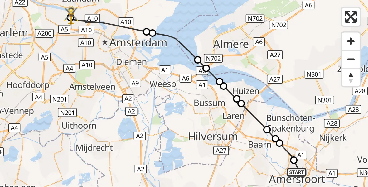 Vluchtroute Traumahelikopter Amersfoort - Amsterdam Heliport, 26 september 2026, 23:01