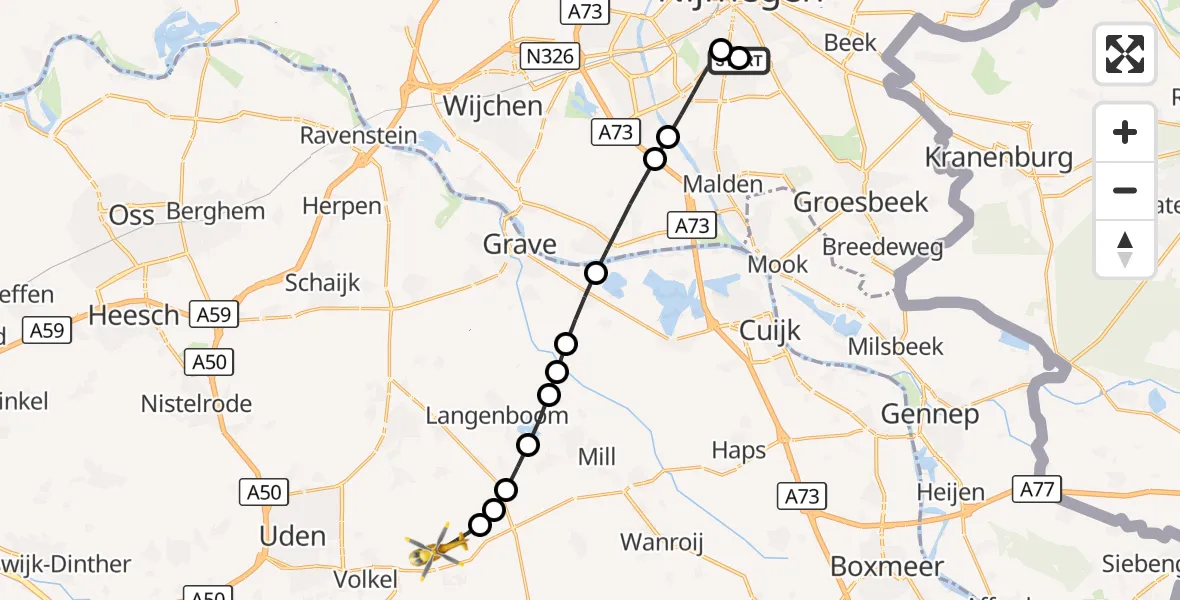 Vluchtroute Traumahelikopter Radboud Universitair Medisch Centrum - Vliegbasis Volkel, 27 september 2026, 00:17