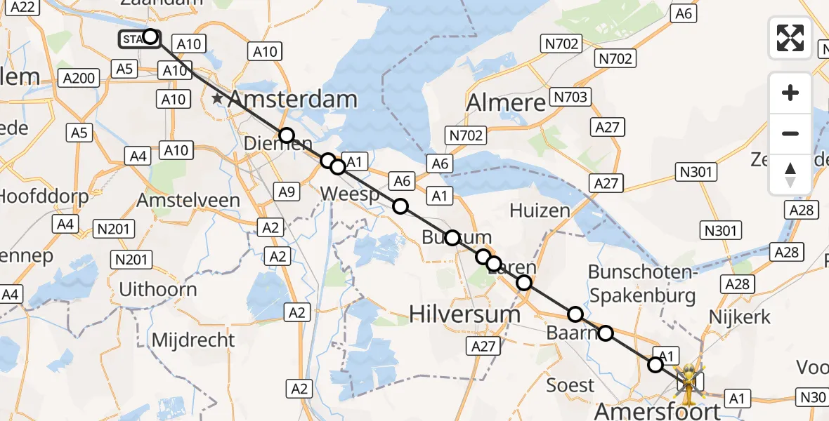Vluchtroute Traumahelikopter Amsterdam Heliport - Amersfoort, 27 september 2026, 00:55