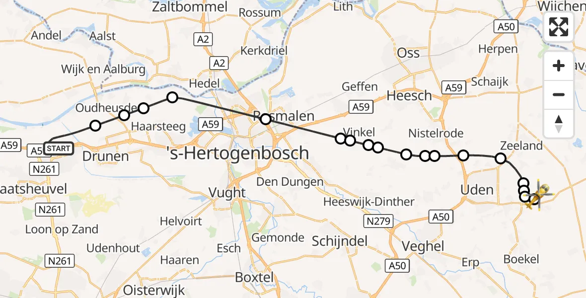 Vluchtroute Traumahelikopter Waalwijk - Vliegbasis Volkel, 27 september 2026, 03:21