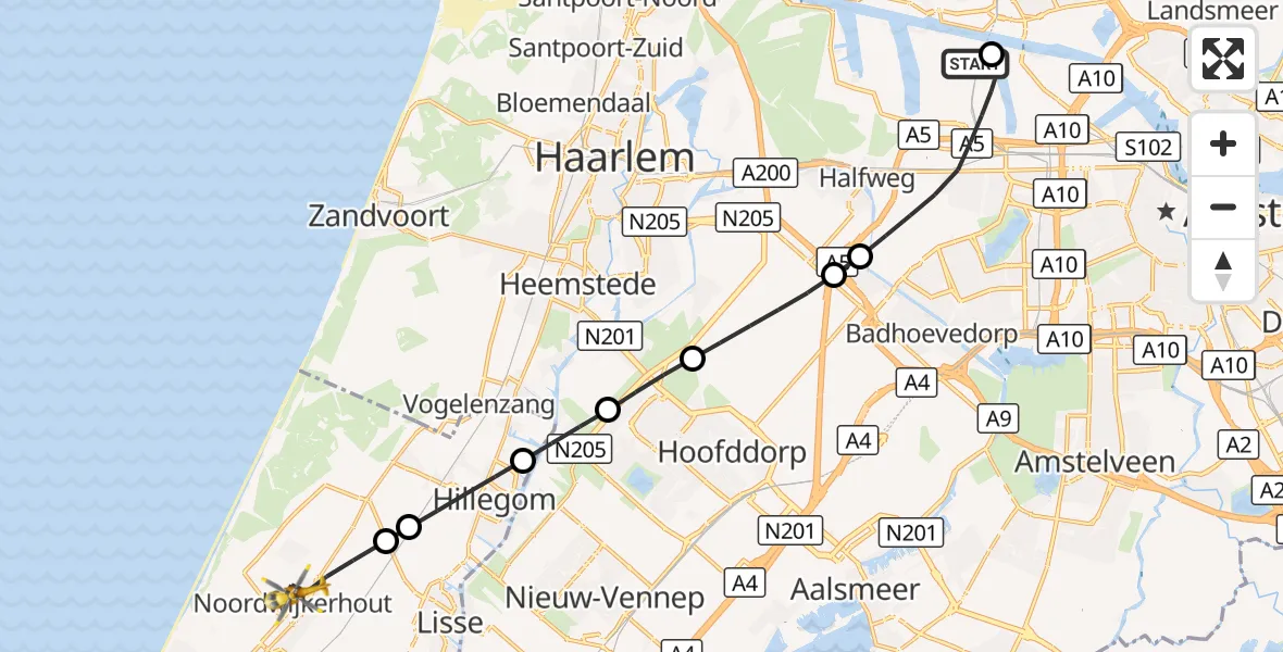 Vluchtroute Traumahelikopter Amsterdam Heliport - Noordwijkerhout, 27 september 2026, 09:08