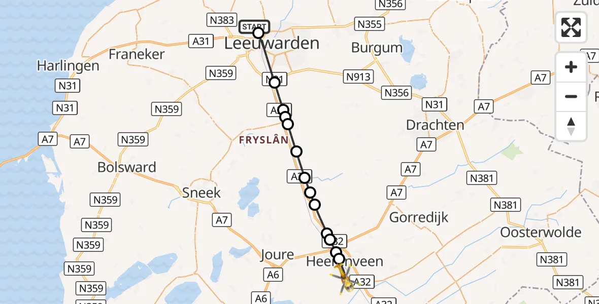 Vluchtroute Ambulancehelikopter Vliegbasis Leeuwarden - Heerenveen, 27 september 2026, 11:04