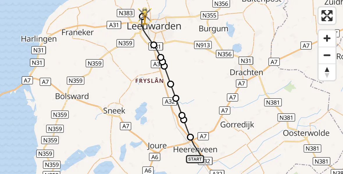 Vluchtroute Ambulancehelikopter Heerenveen - Vliegbasis Leeuwarden, 27 september 2026, 11:40