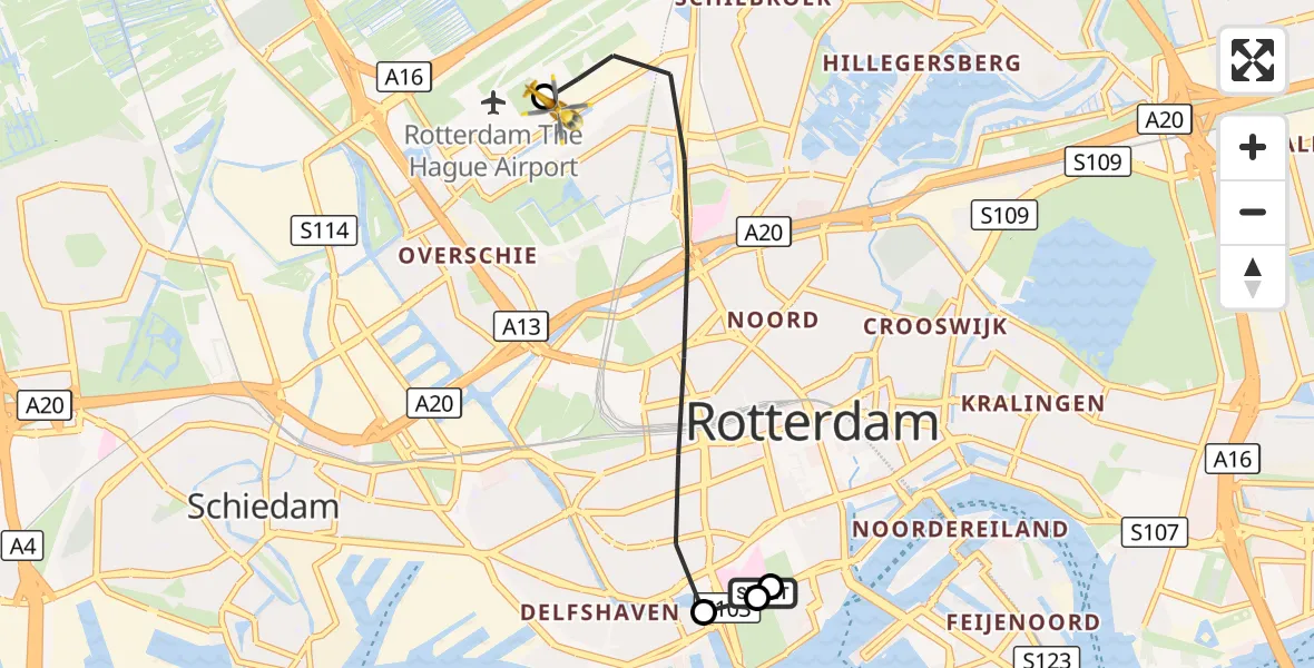 Vluchtroute Traumahelikopter Erasmus MC - Rotterdam The Hague Airport, 27 september 2026, 12:06