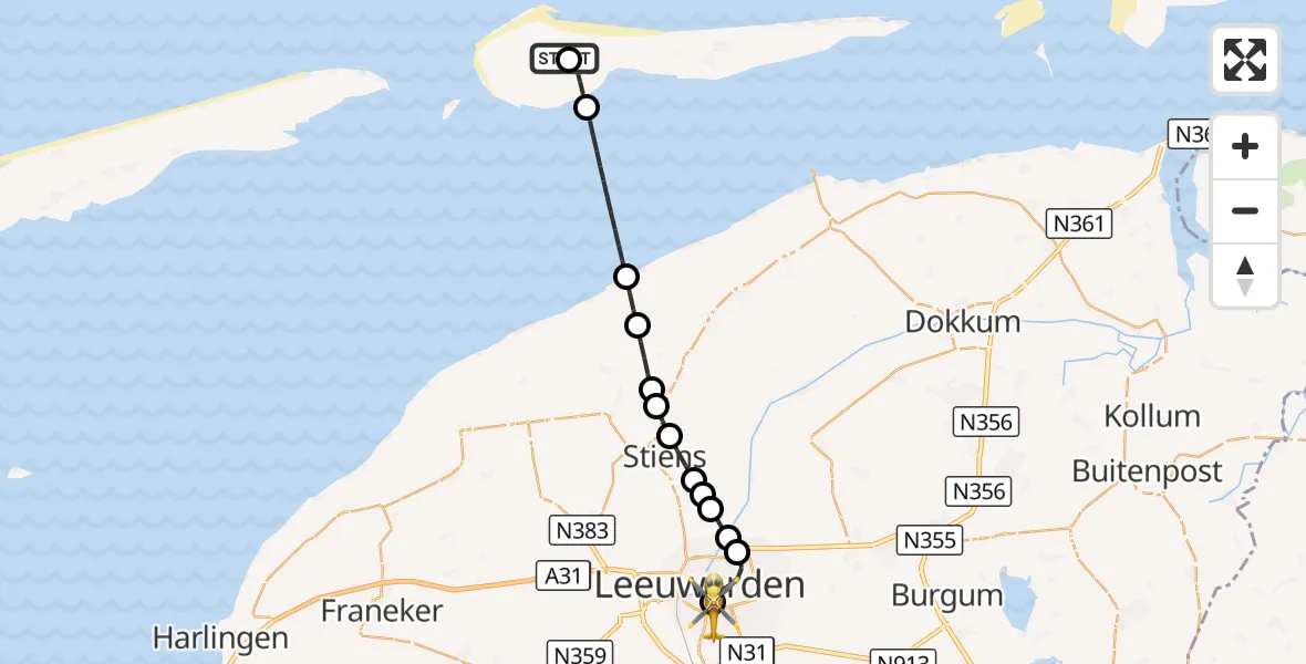 Vluchtroute Ambulancehelikopter Ameland Vliegveld Ballum - Leeuwarden Medical Center Heliport, 27 september 2026, 12:51