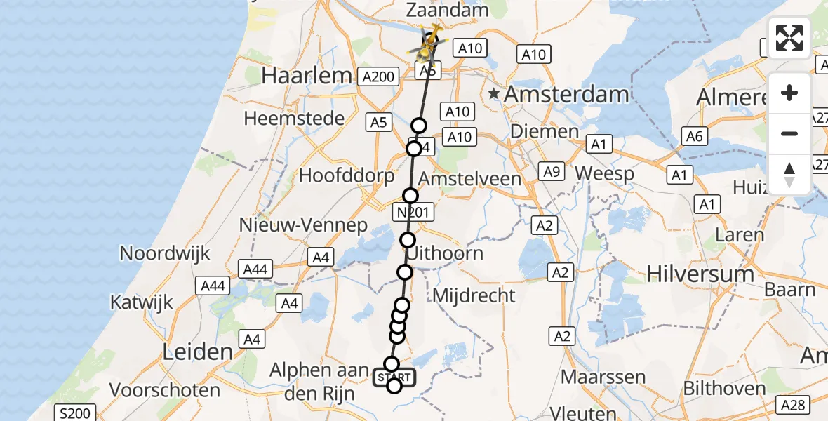 Vluchtroute Traumahelikopter Nieuwkoop - Amsterdam Heliport, 27 september 2026, 13:21