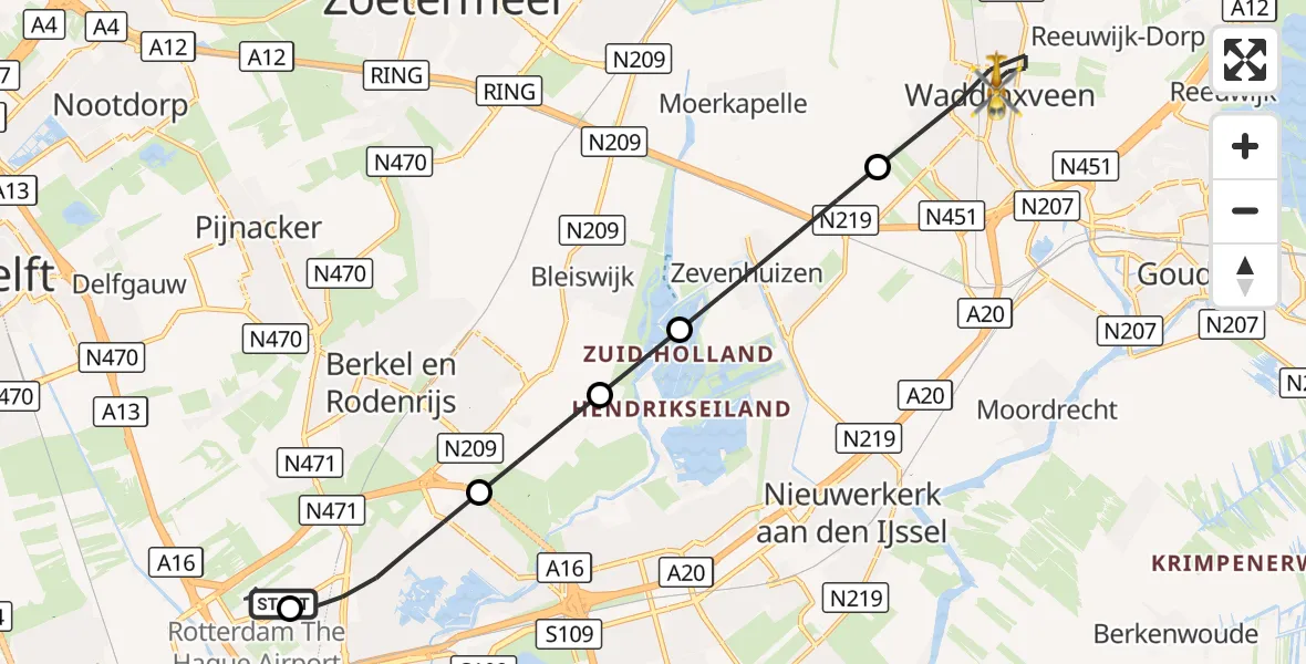 Vluchtroute Traumahelikopter Rotterdam The Hague Airport - Waddinxveen, 27 september 2026, 13:45