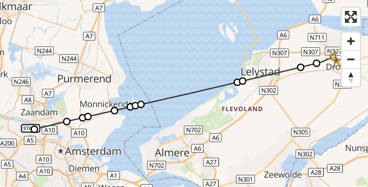 Vluchtroute Traumahelikopter Amsterdam Heliport - Dronten, 27 september 2026, 15:32