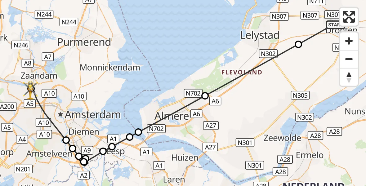 Vluchtroute Traumahelikopter Dronten - Amsterdam Heliport, 27 september 2026, 16:23