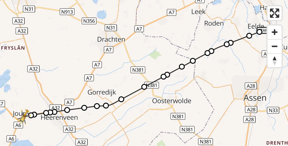 Vluchtroute Traumahelikopter Groningen Airport Eelde - Joure, 27 september 2026, 17:30