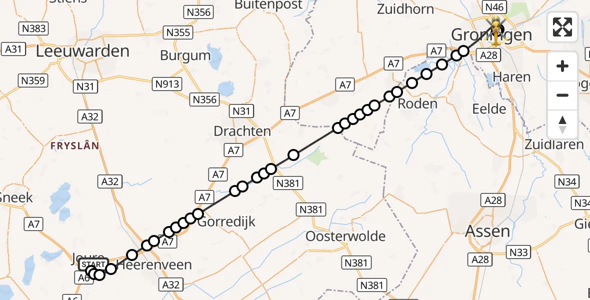 Vluchtroute Traumahelikopter Joure - Universitair Medisch Centrum Groningen, 27 september 2026, 18:06