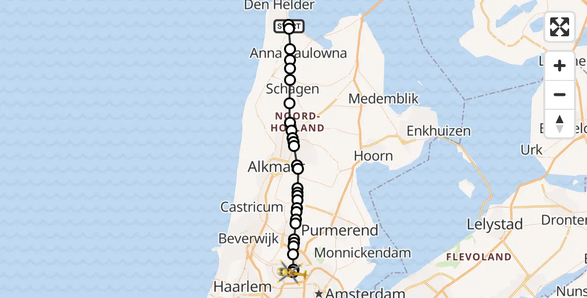 Vluchtroute Traumahelikopter Militair vliegveld De Kooy / Den Helder Airport - Amsterdam Heliport, 27 september 2026, 19:11
