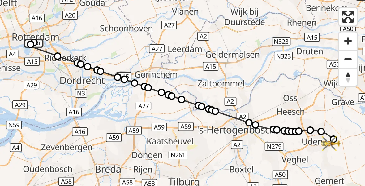 Vluchtroute Traumahelikopter Erasmus MC - Vliegbasis Volkel, 27 september 2026, 19:59