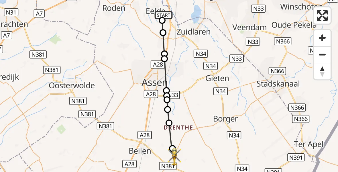 Vluchtroute Traumahelikopter Groningen Airport Eelde - Westerbork, 28 september 2026, 04:36