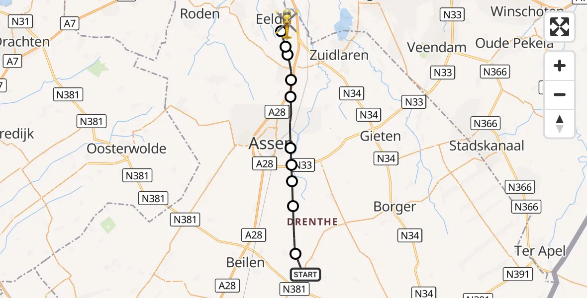 Vluchtroute Traumahelikopter Westerbork - Groningen Airport Eelde, 28 september 2026, 05:06