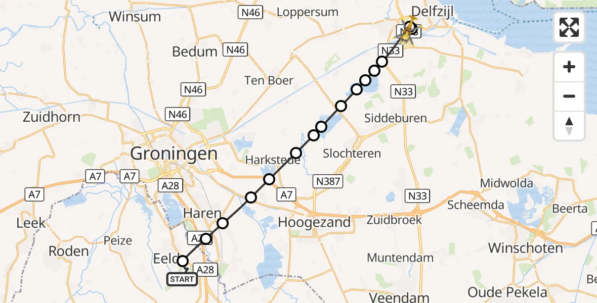 Vluchtroute Traumahelikopter Groningen Airport Eelde - Appingedam, 28 september 2026, 05:22