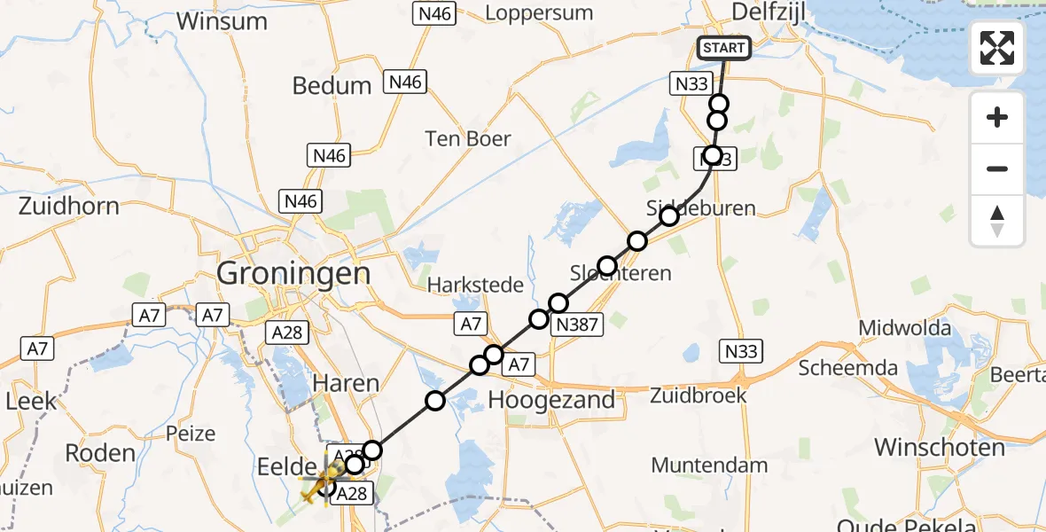 Vluchtroute Traumahelikopter Appingedam - Groningen Airport Eelde, 28 september 2026, 05:55