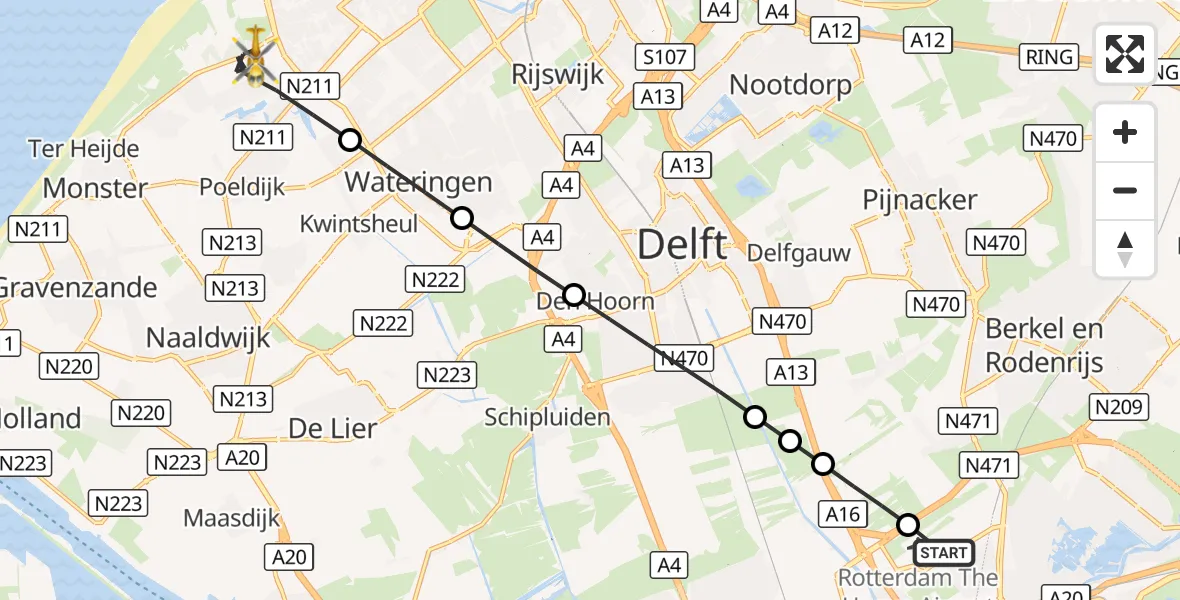 Vluchtroute Traumahelikopter Rotterdam The Hague Airport - 's-Gravenhage, 28 september 2026, 07:00