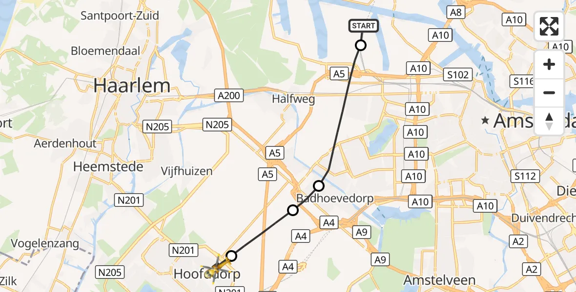 Vluchtroute Traumahelikopter Amsterdam Heliport - Hoofddorp, 28 september 2026, 08:27