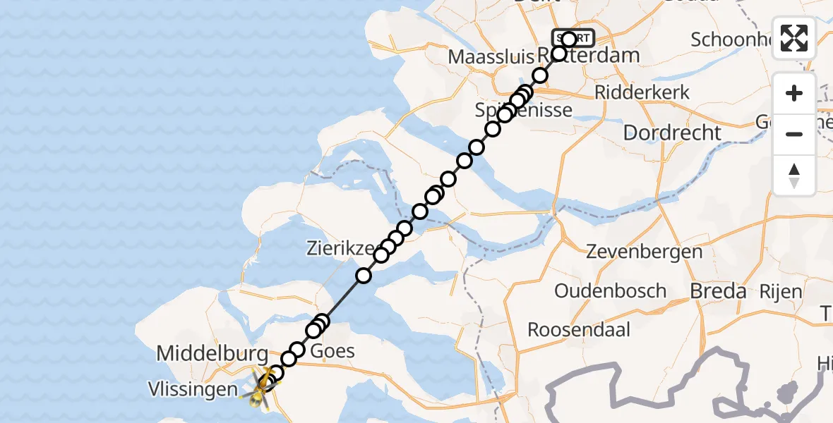 Vluchtroute Traumahelikopter Rotterdam The Hague Airport - Nieuwdorp, 28 september 2026, 10:32