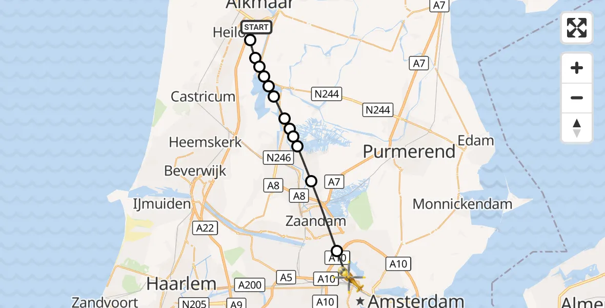 Vluchtroute Traumahelikopter Alkmaar - Amsterdam, 28 september 2026, 10:45