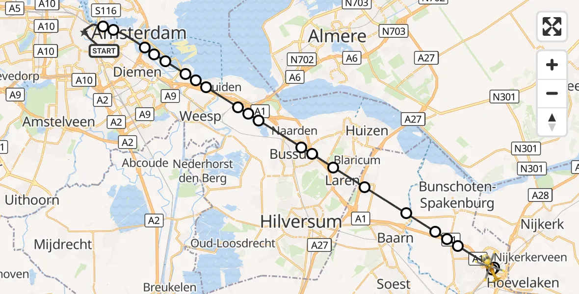 Vluchtroute Traumahelikopter Amsterdam - Amersfoort, 28 september 2026, 11:58
