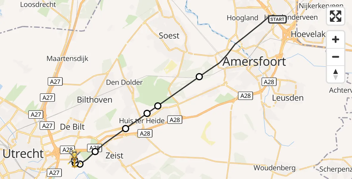 Vluchtroute Traumahelikopter Amersfoort - Universitair Medisch Centrum Utrecht, 28 september 2026, 12:55