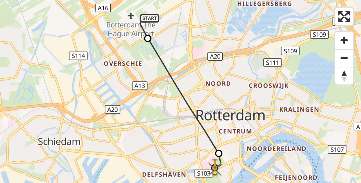 Vluchtroute Traumahelikopter Rotterdam The Hague Airport - Erasmus MC, 28 september 2026, 13:05