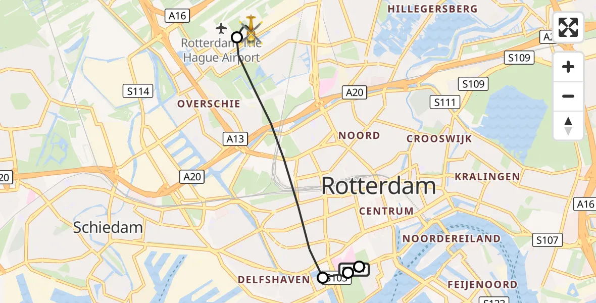 Vluchtroute Traumahelikopter Erasmus MC - Rotterdam The Hague Airport, 28 september 2026, 13:26