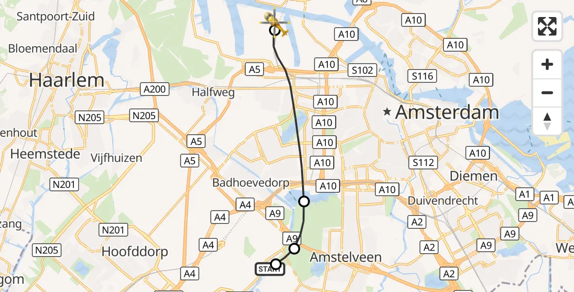 Vluchtroute Traumahelikopter Amsterdam Vliegveld Schiphol - Amsterdam Heliport, 28 september 2026, 14:36