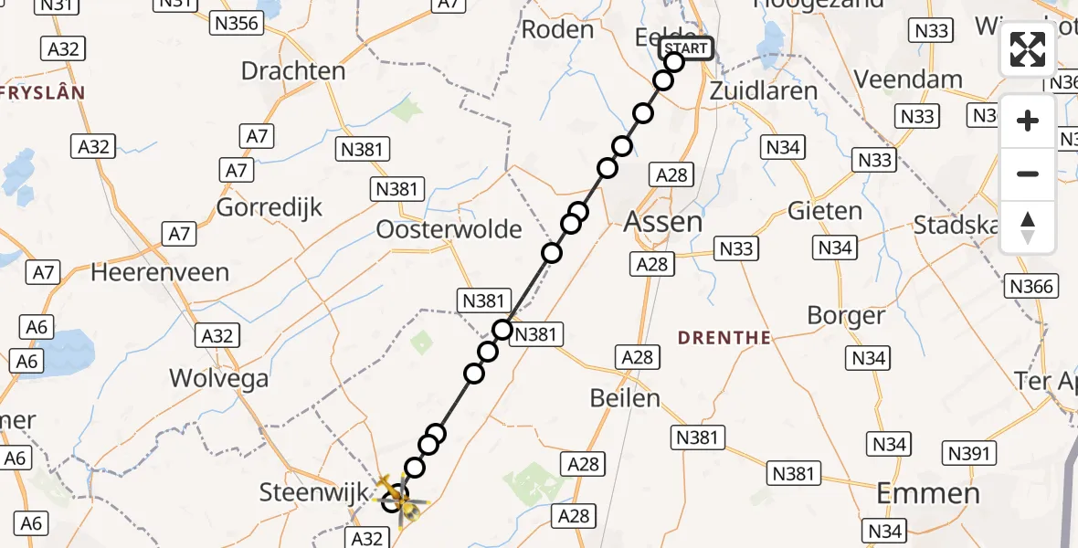 Vluchtroute Traumahelikopter Groningen Airport Eelde - Havelte, 28 september 2026, 14:51