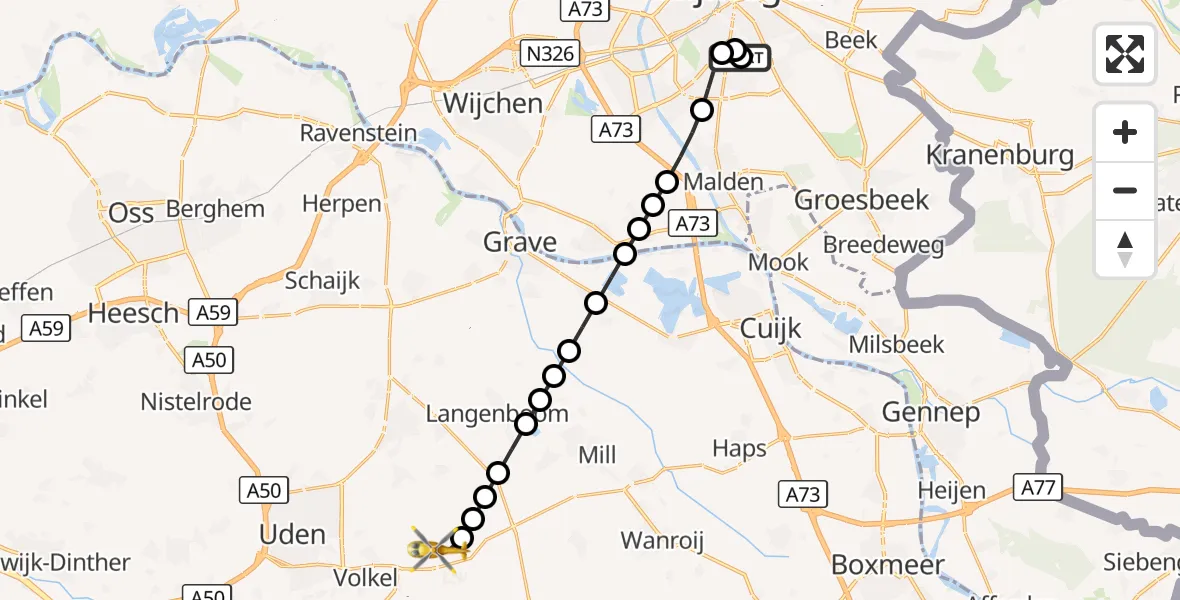 Vluchtroute Traumahelikopter Radboud Universitair Medisch Centrum - Vliegbasis Volkel, 28 september 2026, 15:14